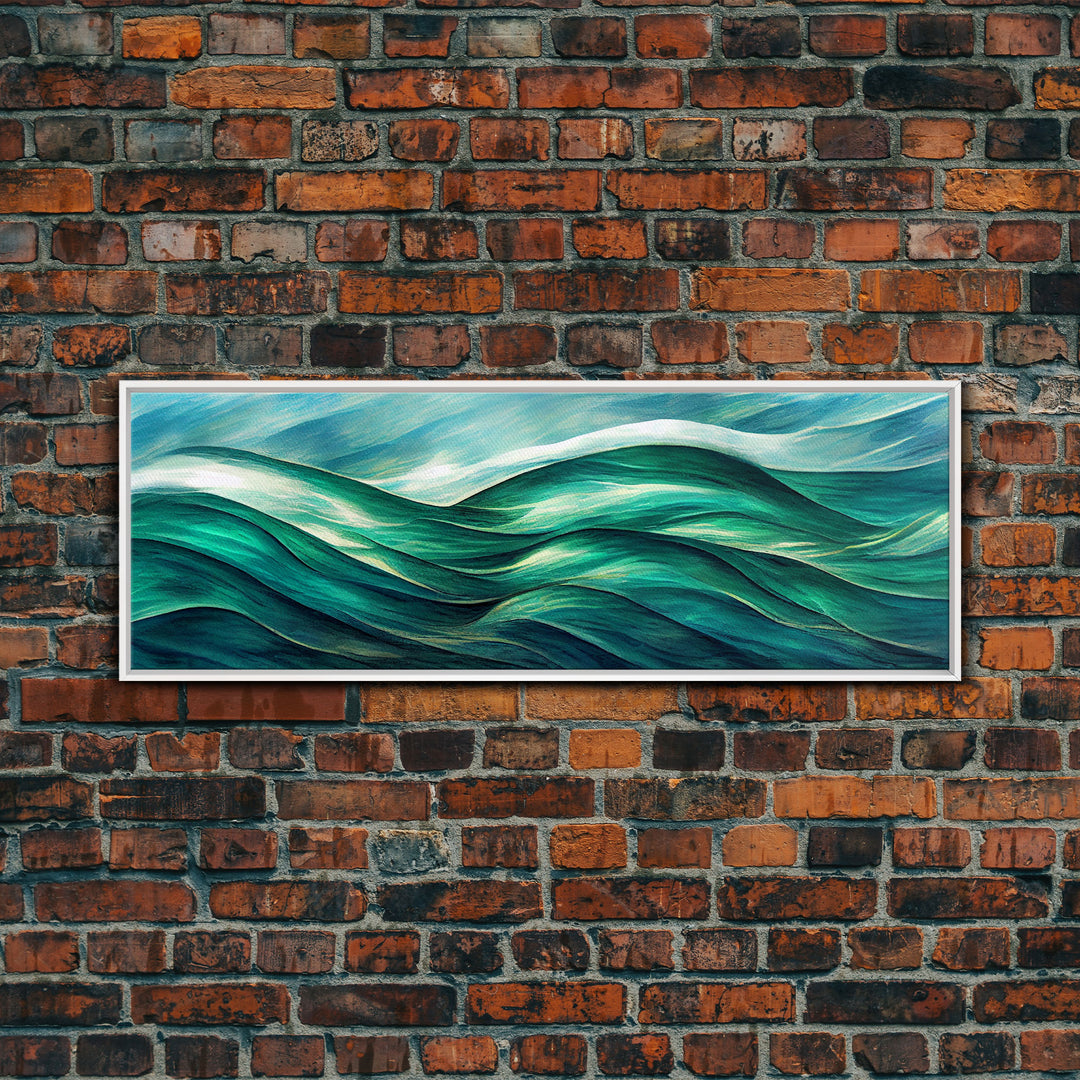 Sea Green Ocean Waves, Ready To Hang Canvas Print, Panoramic Art Deco Style Wall Decor, Emerald Green Wall Art