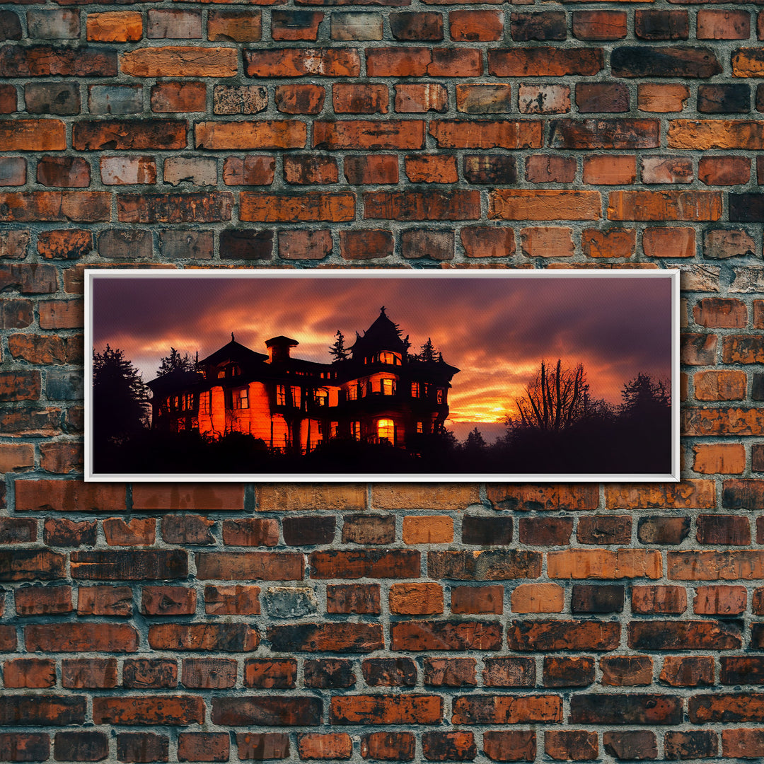 Spooky Haunted House, Panoramic Wall Art Canvas Print, Ready To Hang, Creepy Wall Decor, Gloomy Art