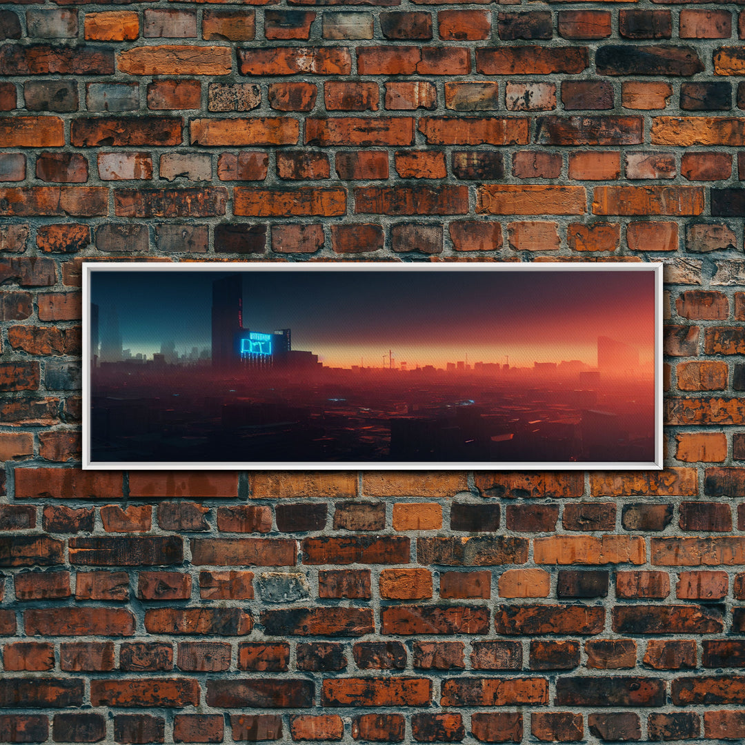 Cyberpunk Cityscape, Ready To Hang Canvas Print, Panoramic, Cyberpunk Concept Art, Cityscape at Sunset, Cool mancave art, gift for him