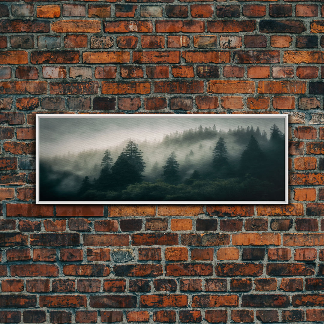 Panoramic watercolor of a misty forest fog, wall art, framed canvas print, farmhouse decor, foggy pine tree forest landscape, cabin art