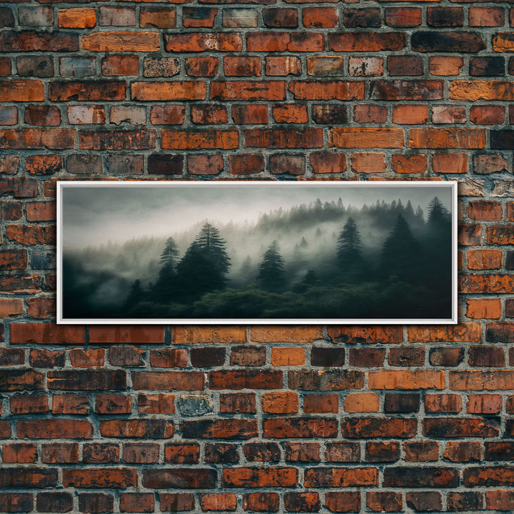 Panoramic watercolor of a misty forest fog, wall art, framed canvas print, farmhouse decor, foggy pine tree forest landscape, cabin art