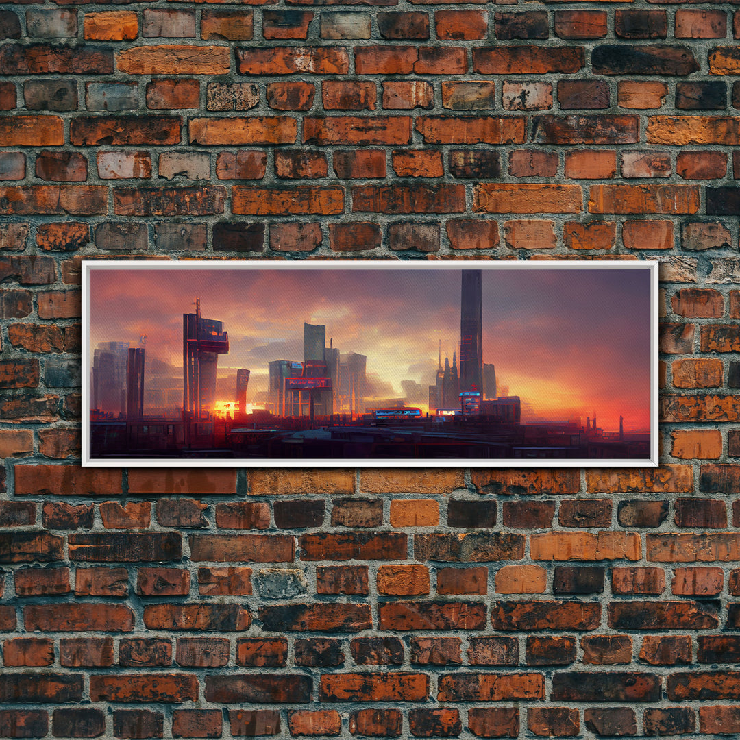 Cyberpunk Cityscape, Metropolis Art, Ready To Hang Canvas Print, Panoramic, Night City Watercolor Concept Art