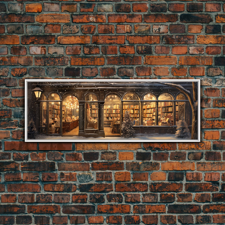 Victorian Library In The Winter, Framed Panoramic Canvas Print, Extra Wide Art, Above Sofa Art, Winter Decor, Christmas Decor, The Book Shop