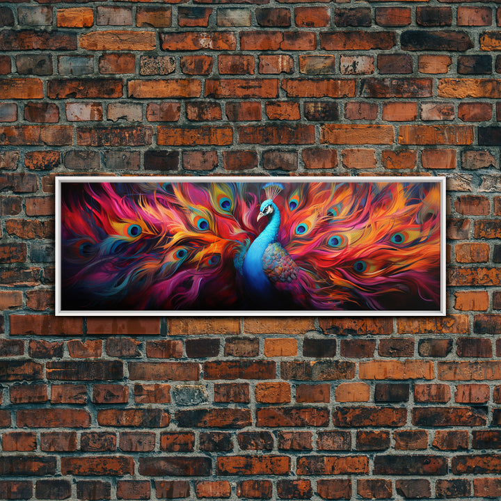 Surreal Peacock Painting Framed Canvas Print, Colorful Minimalist MCM Style Wall Art, Peacock Print