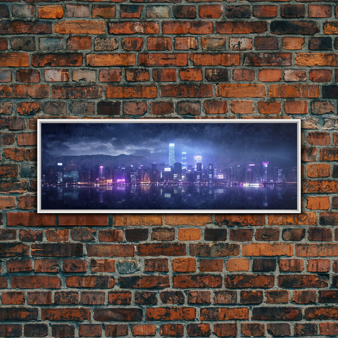 Cyberpunk Hong Kong City Skyline, Framed Canvas Print, Cyberpunk Style Wall Art, Synthwave Decor, Videogame Concept Art