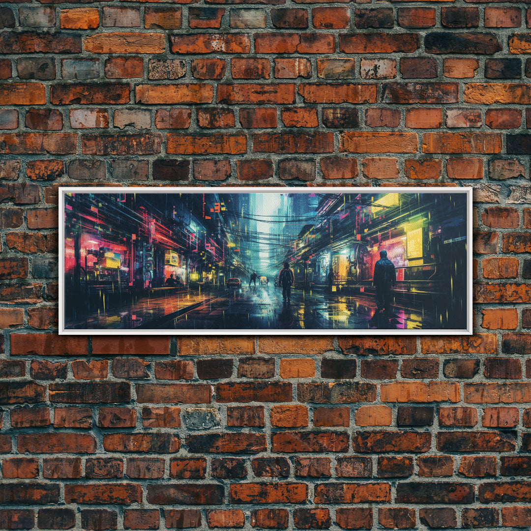 Cyberpunk Tokyo City Streets, Framed Canvas Print, Cyberpunk Style Wall Art, Synthwave Decor, Videogame Concept Art