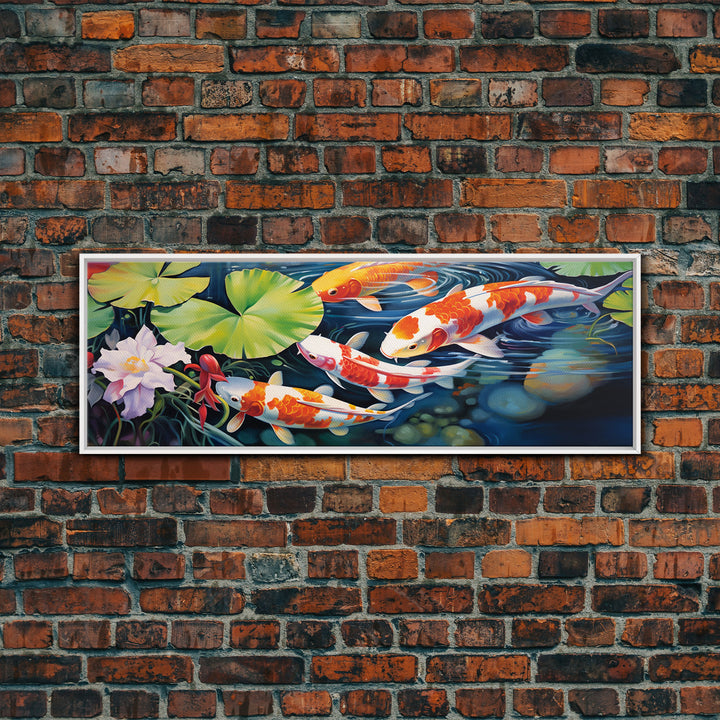 The Koi Pond Framed Canvas Print, Koi Fish Decor, Koi Fish Garden Wall Art, Koi Fish and Lilly Pads