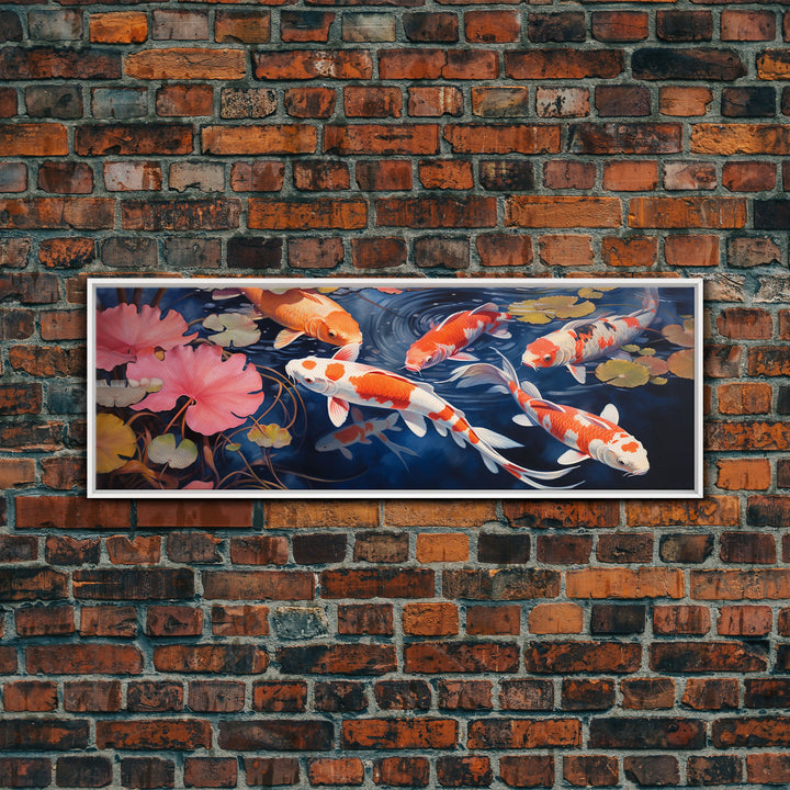 The Koi Pond Framed Canvas Print, Koi Fish Decor, Koi Fish Garden Wall Art, Koi Fish and Lilly Pads