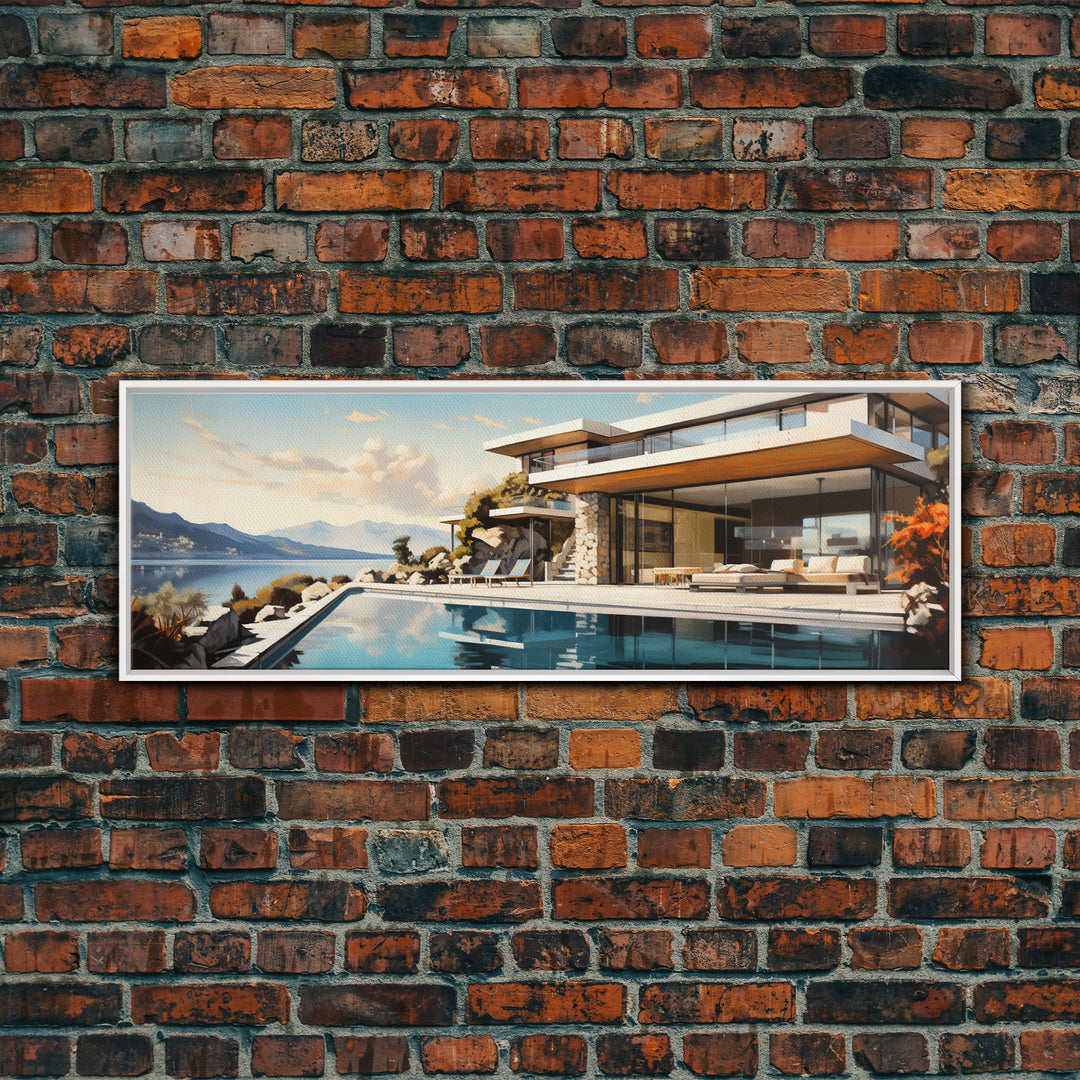 Midcentury Modern Architecture Painting Framed Canvas Print, Beautiful MCM House On Lake Tahoe, Livingroom Centerpiece Wall Art