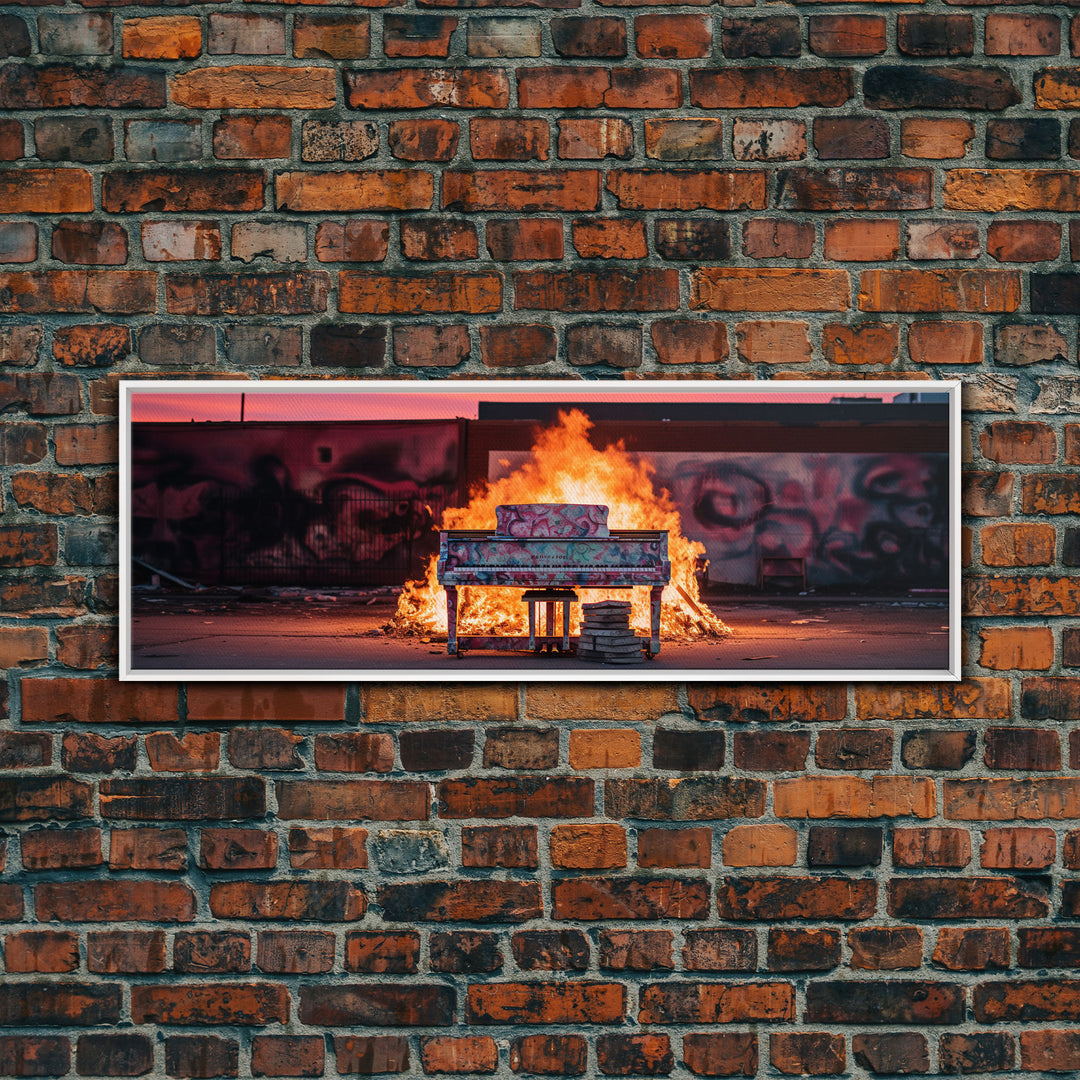 The Burning Piano, Urban Decay Art, Street Art, Framed Canvas Print, Graffiti Art, Panoramic Wall Art