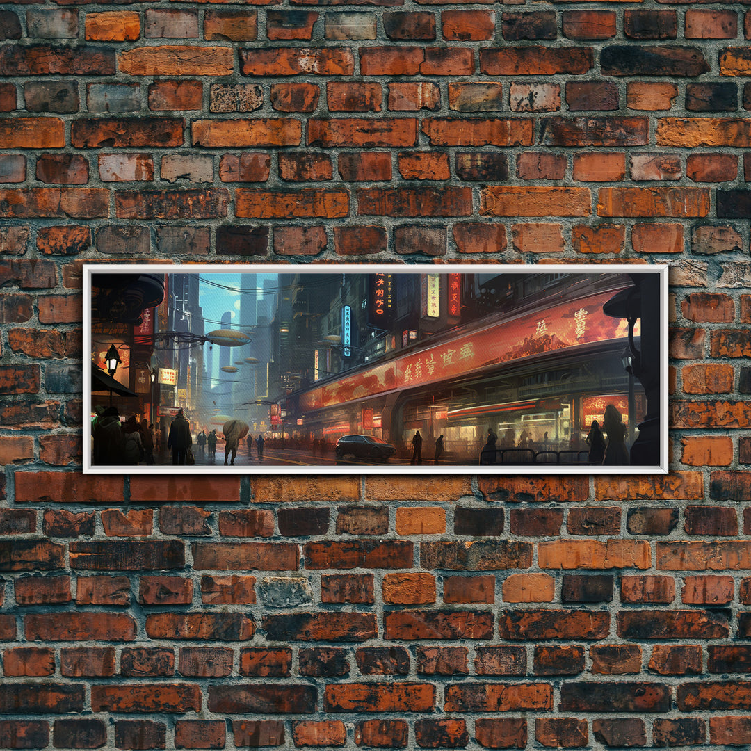 Futuristic Cyberpunk City, Framed Canvas Print, Dystopian Art, Metropolis Painting, Unique Office Decor