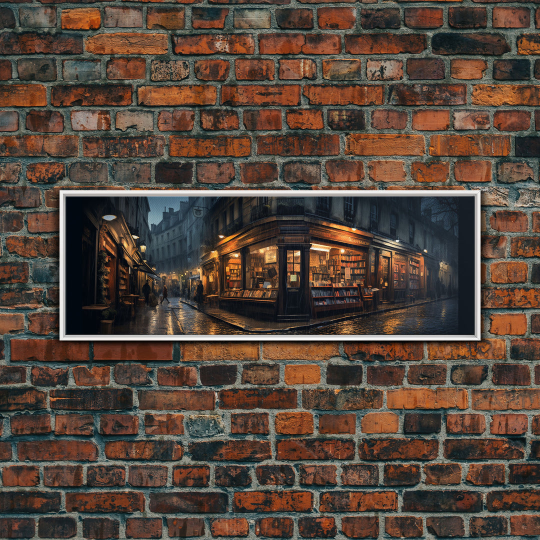 The Book Shop in Paris, Framed Canvas Print, Paris On A Rainy Night, Living Room Decor, Victorian Oil Painting