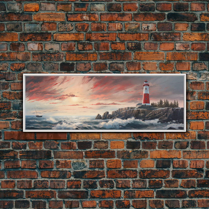 Lighthouse On A Rocky Cliff At Sunset, Framed Canvas Print / Wall Art, Watercolor Painting of a Nautical Scene