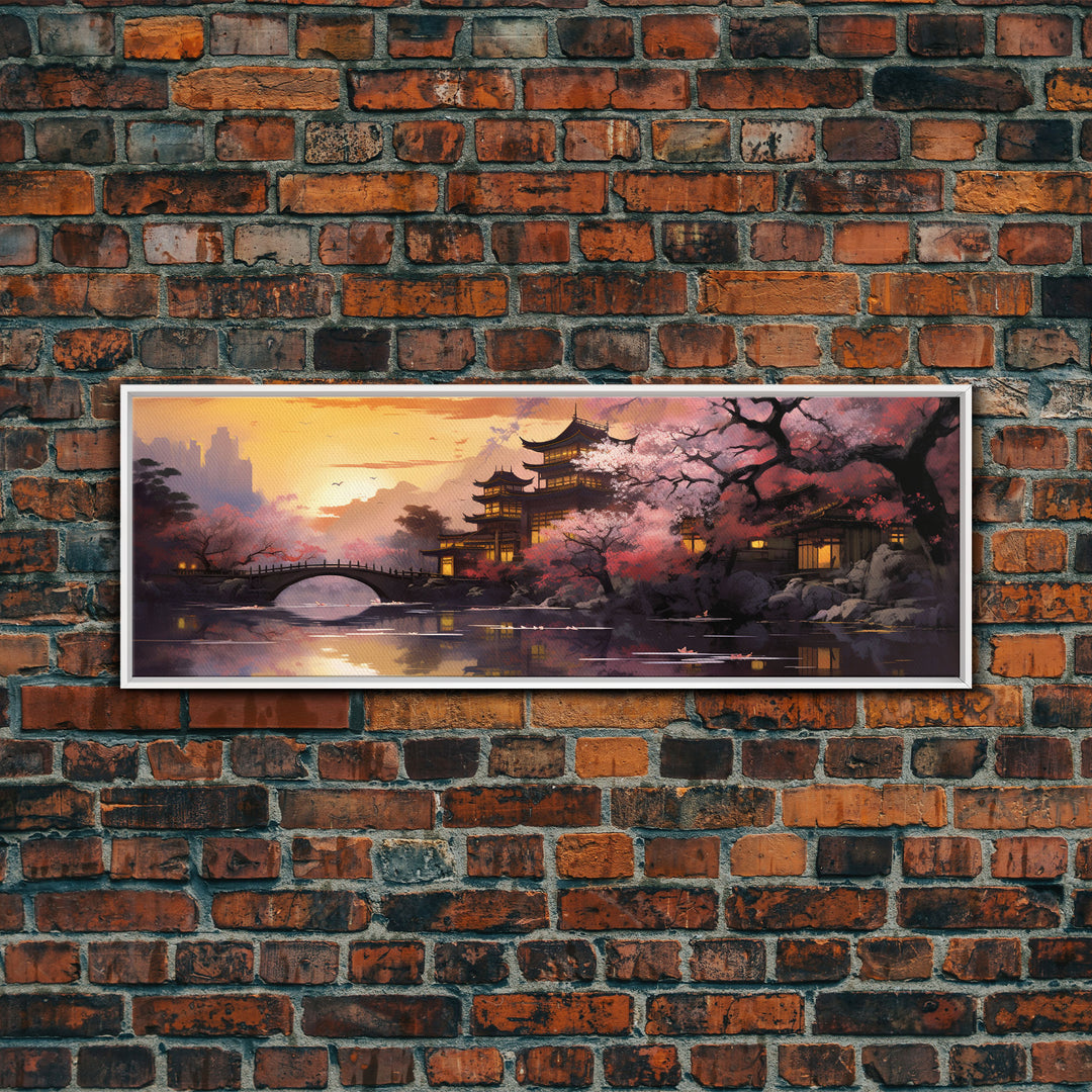 Dawn In Kyoto, Japan - Framed Canvas Print - Panoramic Painting Wall Art - Cute Wall Decor - Japanese Style Art