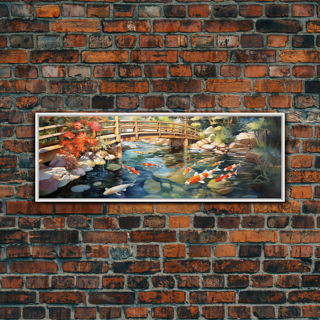 Panoramic Koi Pond Painting Canvas Print, Framed Wall Art, Unique Home Decor, Gift Idea, Art With Frame, Living Room Art