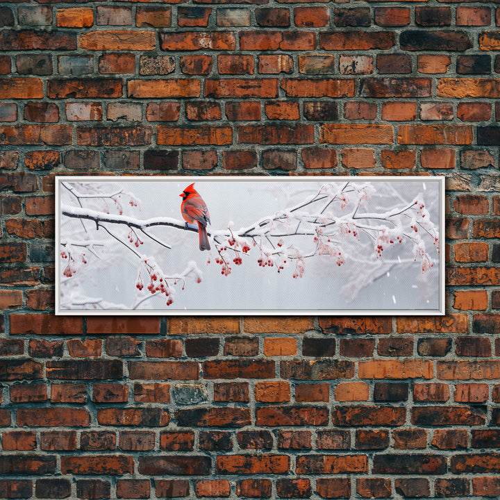 Panoramic Print of a Cardinal In A Snow Storm, Winter Decor, Christmas Centerpiece, Beautiful Animal Print, Animal Painting, Canvas Print