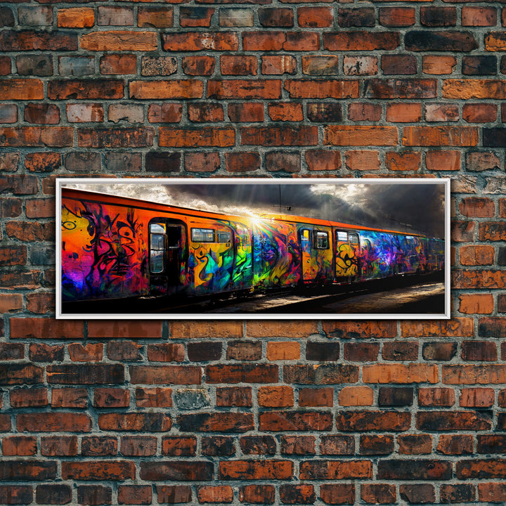 Graffiti Covered Train, Colorful Graffiti Art, Extra Large Wall Art, Framed Panoramic Canvas Print, Framed Wall Decor | Wall Art