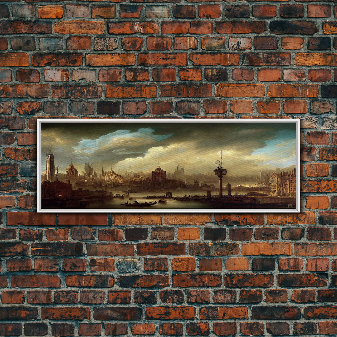 Steampunk Victorian Cityscape, Extra Large Wall Art, Framed Panoramic Canvas Print, Framed Wall Art