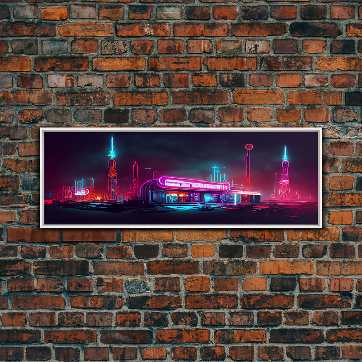 Neon Cyberpunk Atomic Age Diner, Extra Large Wall Art, Framed Panoramic Canvas Print, Framed Wall Art