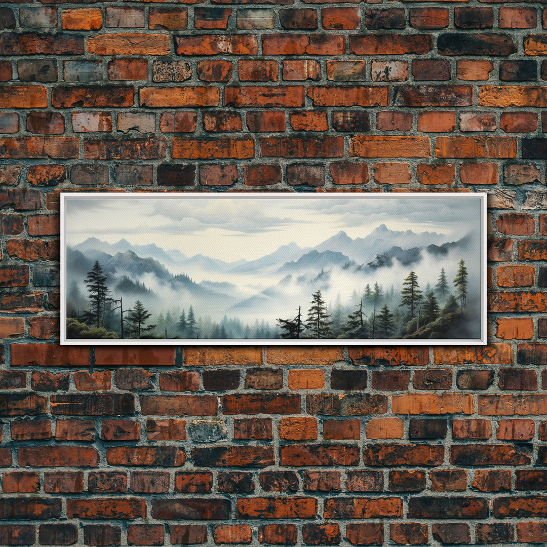 Foggy Mountain Forest Canvas Print, Oil Landscape Painting On Canvas - Ready To Hang Large Panoramic Canvas Wall Art Prints, Framed Wall Art