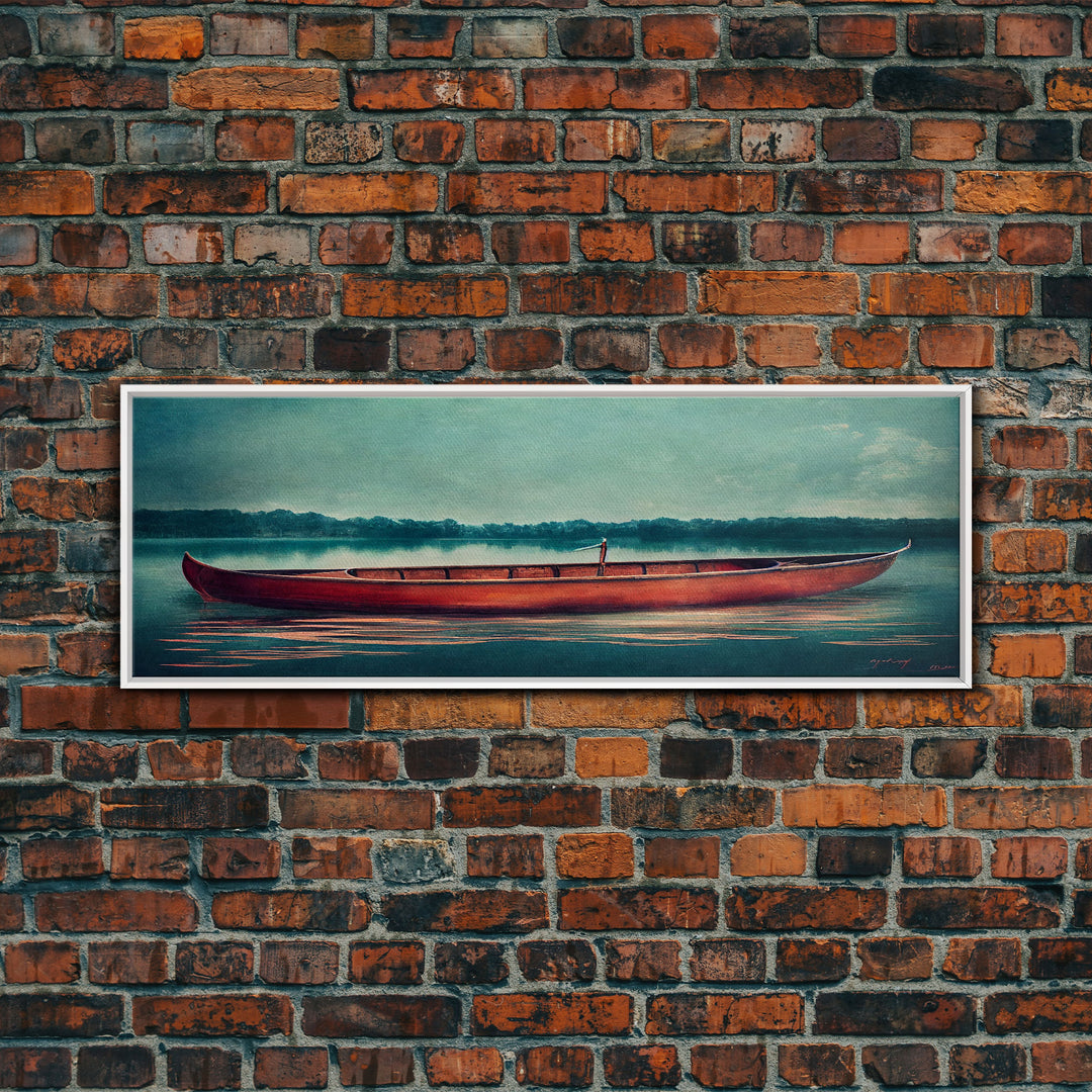 Cool Lakehouse Art, Canoe on the Lake Watercolor, Extra Large Wall Art, Framed Panoramic Canvas Print, Framed Wall Decor