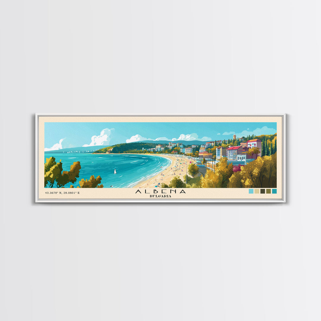 Albena, Bulgaria Panoramic Beach Print, Vacation Gift, Bulgaria Wall Art, Framed Canvas Print, Framed Beach Painting