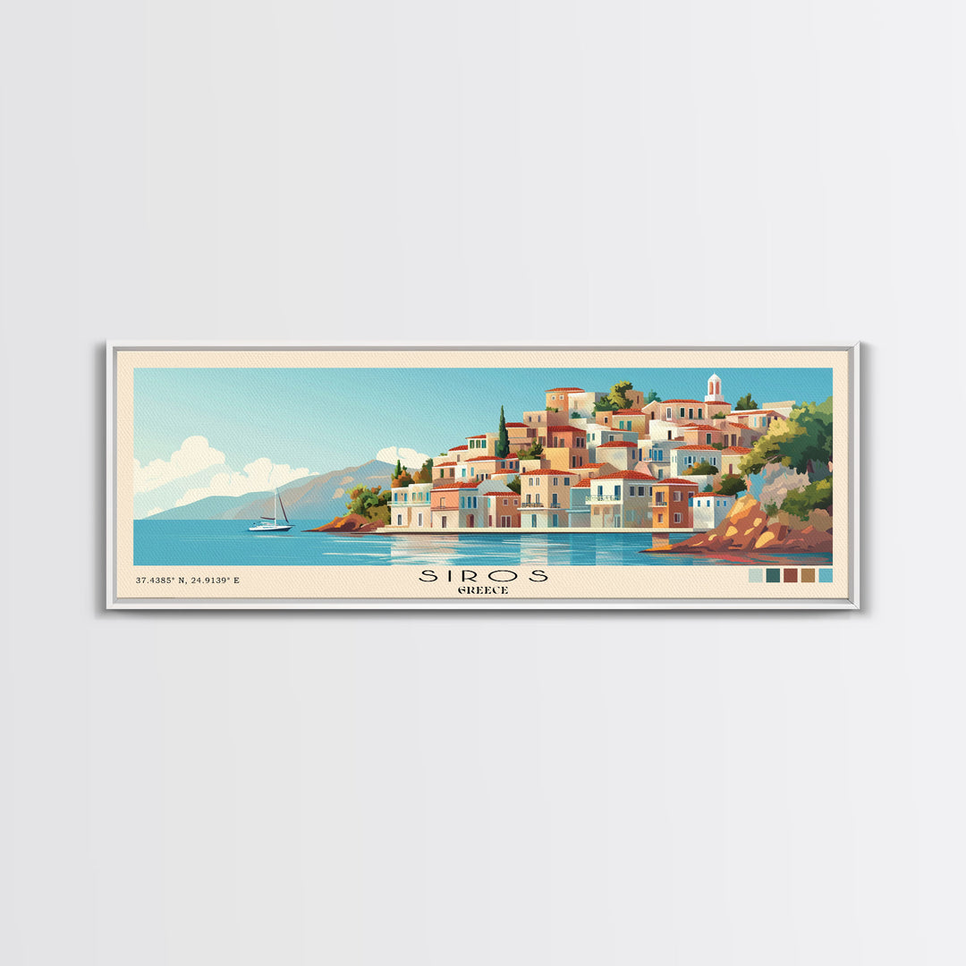 Siros, Greece Panoramic Print, Vacation Gift, Greece Wall Art, Beach Painting, Beach Decor, Beach Or Lakehouse Art