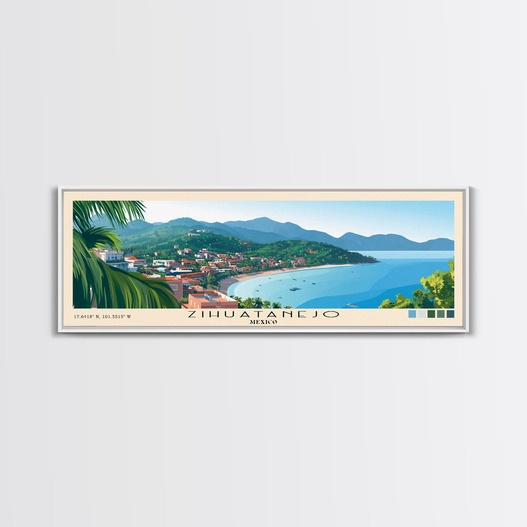 Zihuatanejo, Mexico Panoramic Beach Print, Vacation Gift, Mexico Wall Art, Framed Canvas Print, Framed Beach Painting