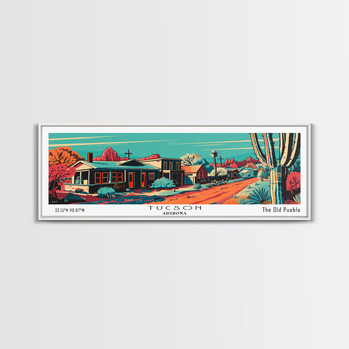 Tucson Arizona Panoramic Wall Art Framed Canvas Print, Travel Poster, Mid Century Modern Art, Pop Art Style, Wall Decor, Office Art