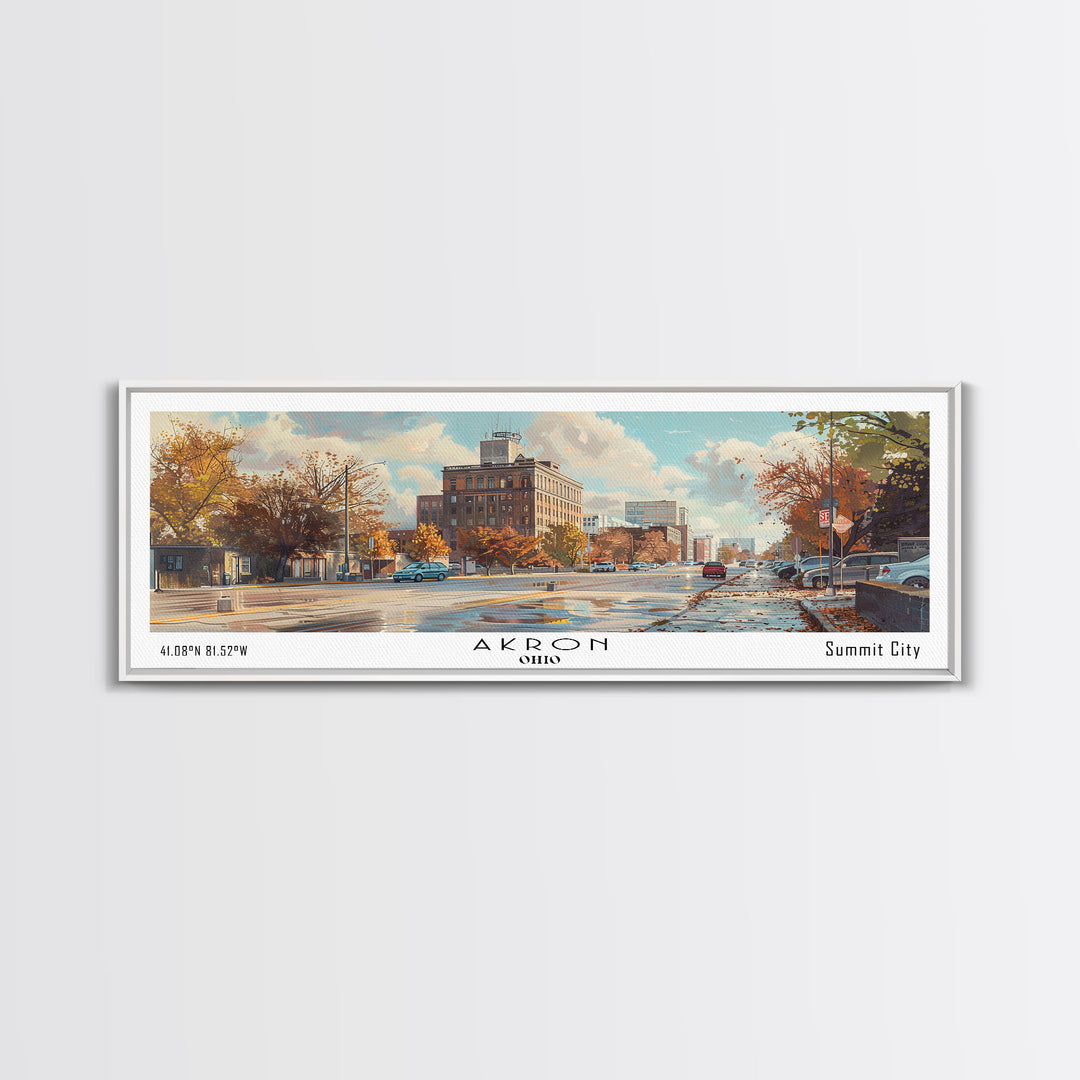 Akron Ohio Panoramic Watercolor Painting, Framed Canvas Print, Scenic City Art, Travel Poster, Wall Decor, Living Room Art, Office Wall Art