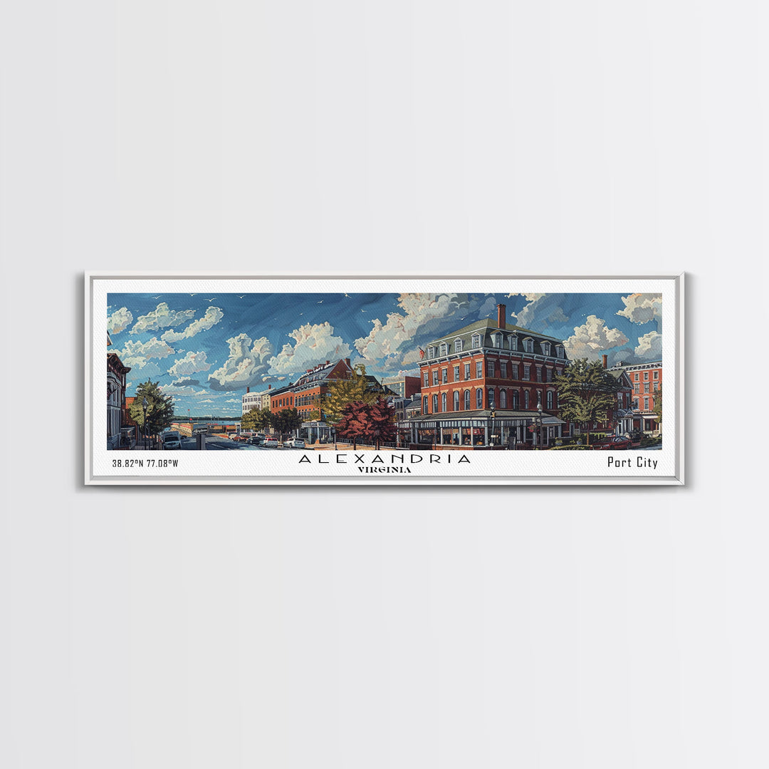 Alexandria Virginia Panoramic Painting, Watercolor Framed Canvas Print, Scenic City Art, Travel Poster, Wall Hanging, Home Decor, Living Room Art