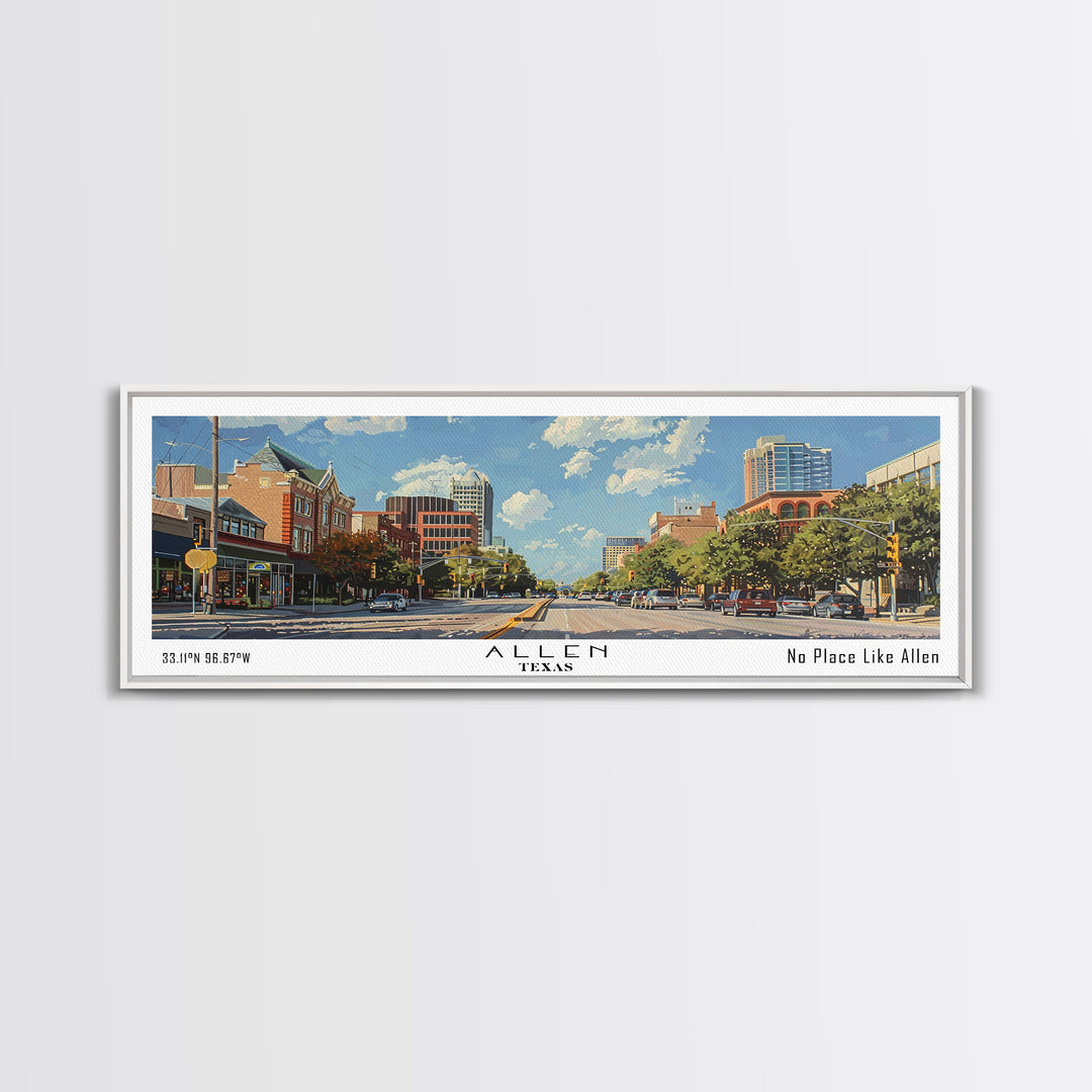 Allen Texas Panoramic Painting, Watercolor Framed Canvas Print, Scenic City Art, Travel Poster, Home Decor, Wall Hanging, Office Wall Art