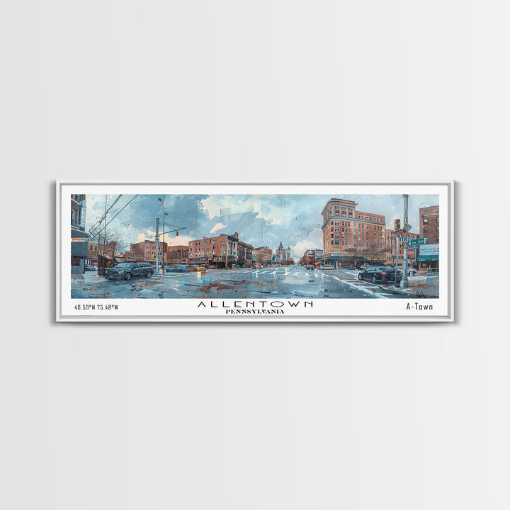 Allentown Pennsylvania Panoramic Painting, Watercolor Framed Canvas Print, Scenic City Art, Travel Poster, Home Decor, Office Wall Art, Gift Idea