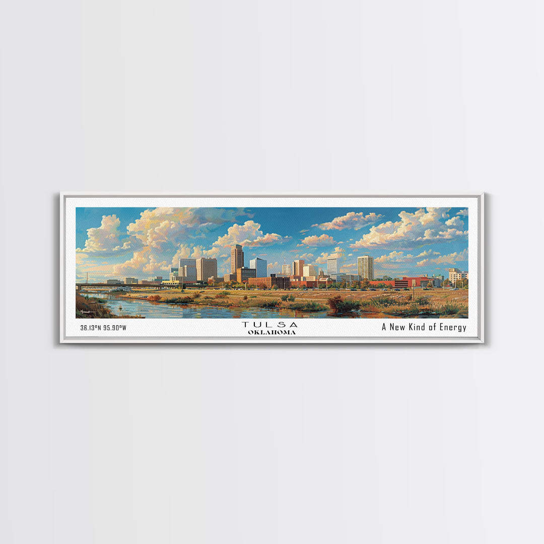 Tulsa Oklahoma Panoramic Framed Canvas Print, Retro Wall Art, Travel Poster, Artistic Living Room Decor, Unique Office Gift, Original Artwork