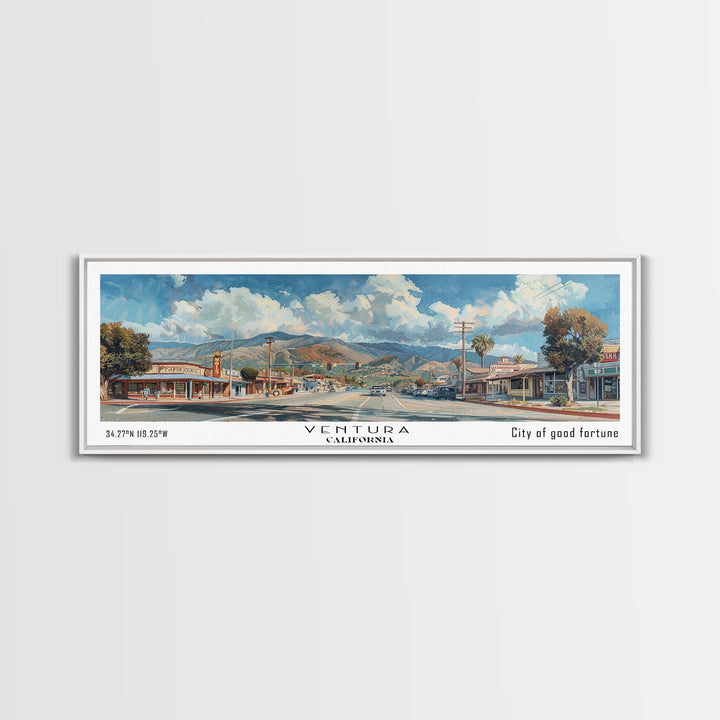 Ventura California Panoramic Painting, Framed Canvas Print, Artistic Travel Poster, Retro Wall Art, Unique Office Decor, Living Room Gift