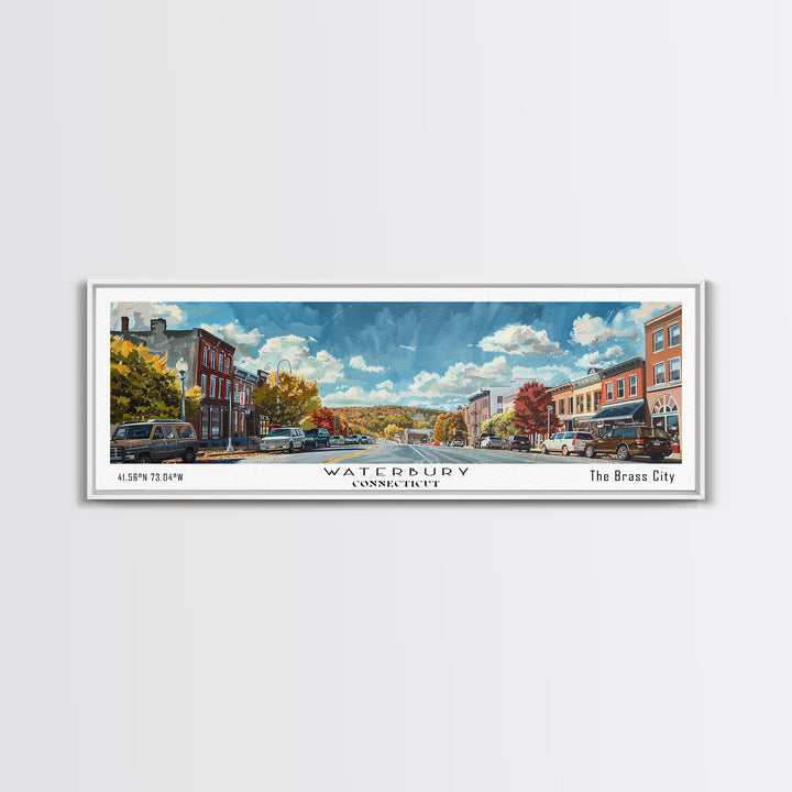 Waterbury Connecticut Panoramic Painting, Framed Canvas Print, Artistic Travel Poster, Retro Wall Art, Unique Office Decor, Living Room Gift