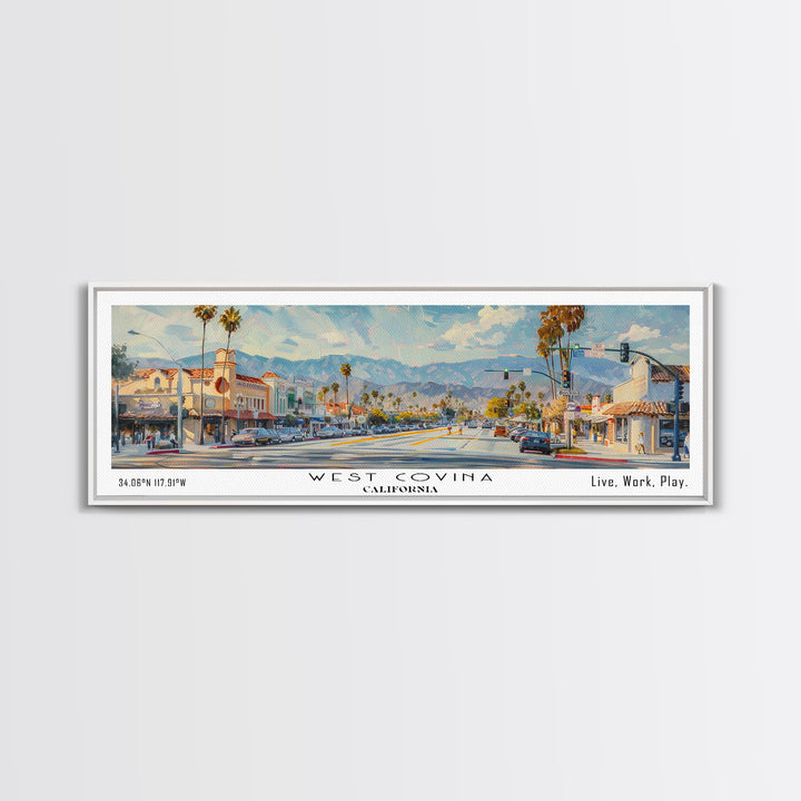 West Covina California Panoramic Framed Canvas Print, Retro Travel Poster, Unique Wall Art, Artistic Living Room Decor, Office Gift, Original Artwork