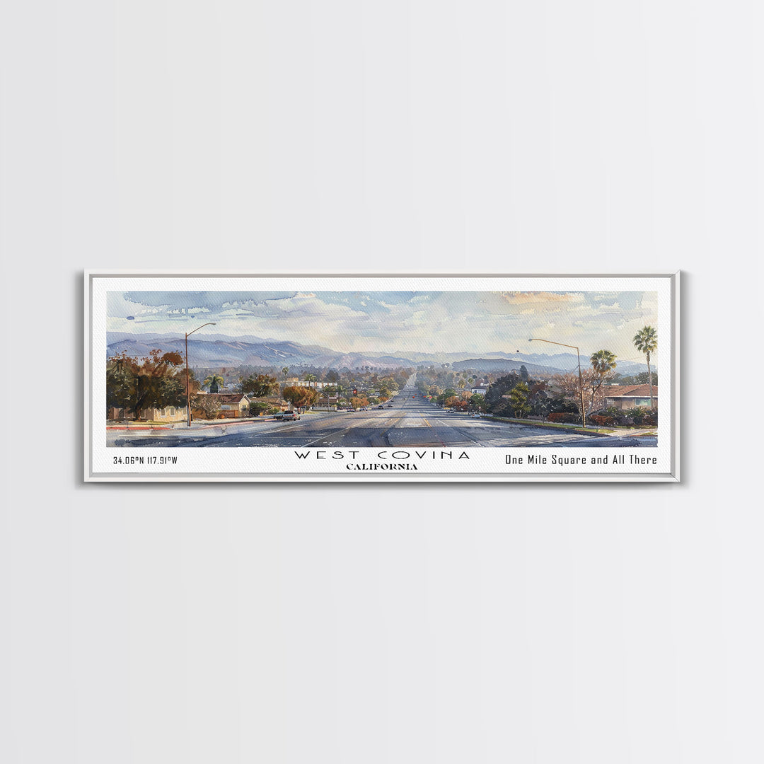 West Covina California Panoramic Painting, Framed Canvas Print, Vintage Travel Poster, Artistic Home Decor, Unique Office Wall Art