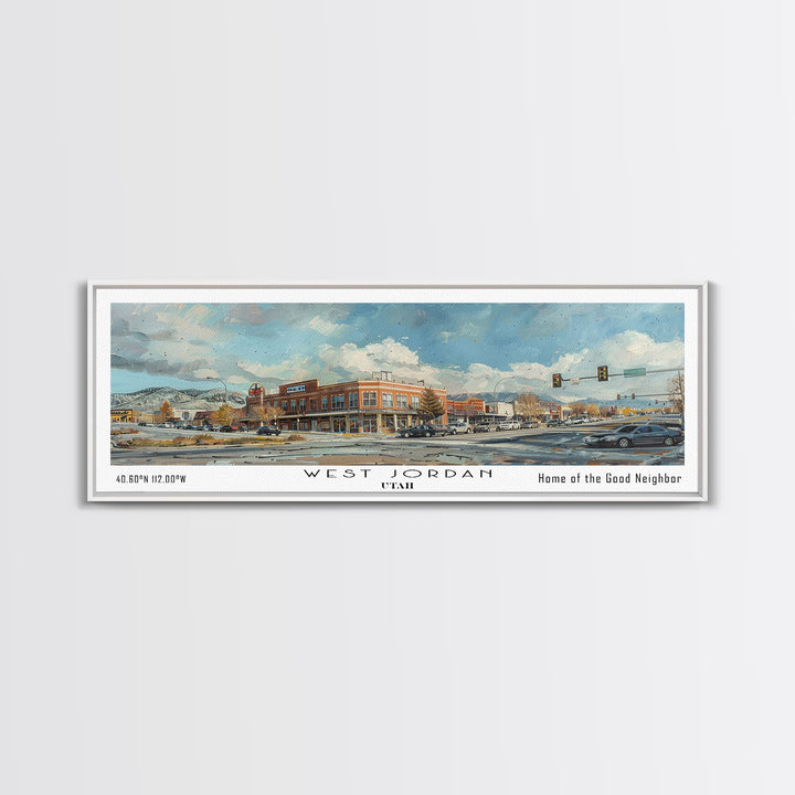 West Jordan Utah Panoramic Framed Canvas Print, Artistic Travel Poster, Retro Wall Art, Unique Living Room Decor, Office Gift Idea