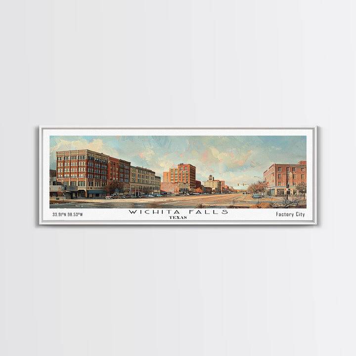 Wichita Falls Texas Panoramic Framed Canvas Print, Vintage Travel Poster, Unique Wall Art, Artistic Living Room Decor, Office Gift Idea