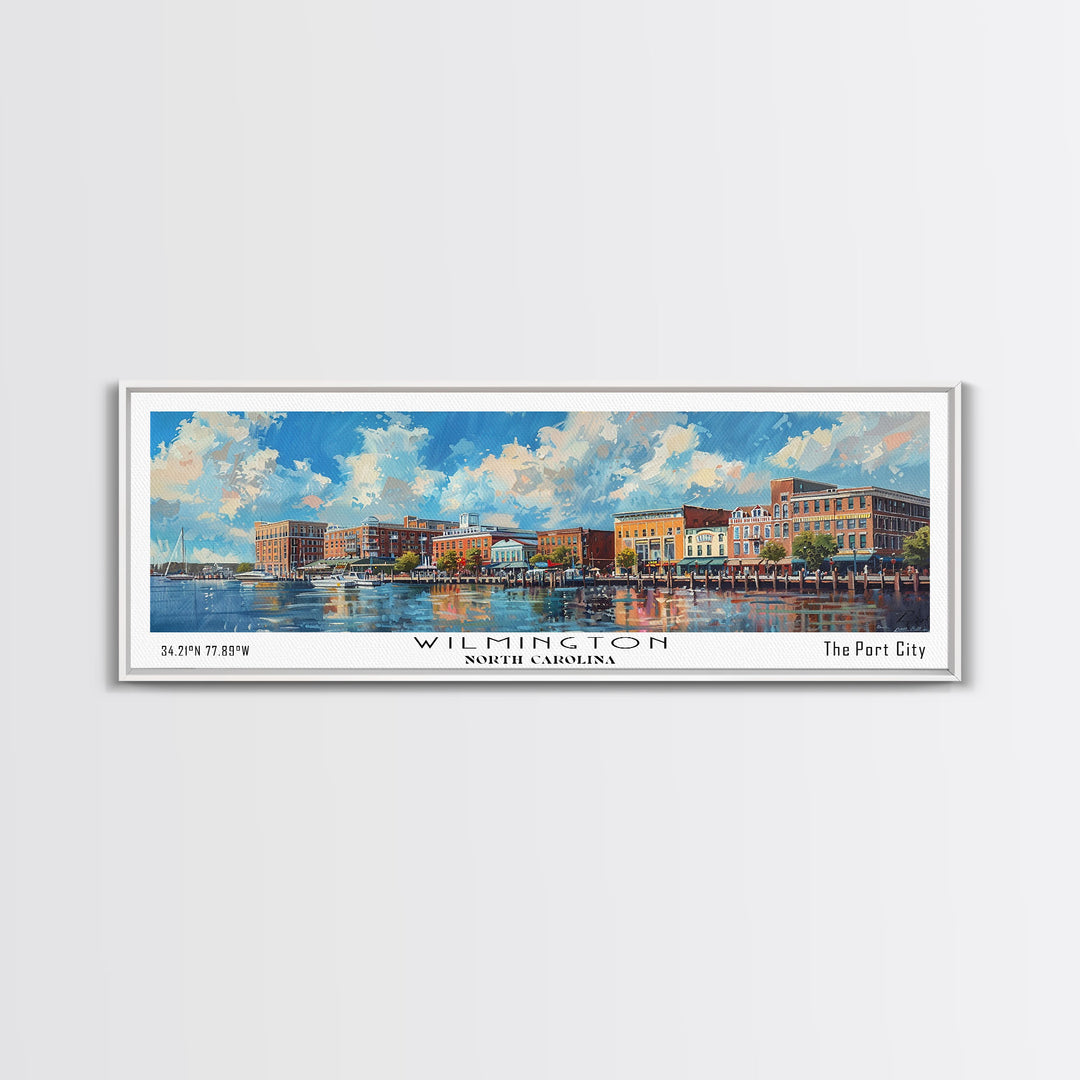 Wilmington North Carolina Panoramic Framed Canvas Print, Retro Style Travel Poster, Artistic Wall Art, Unique Office Decor, Living Room Gift