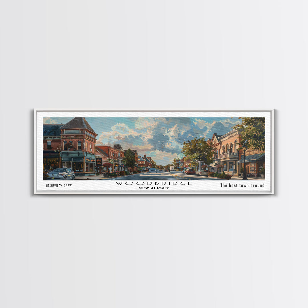 Woodbridge New Jersey Panoramic Framed Canvas Print, Artistic Travel Poster, Retro Wall Art, Unique Office Decor, Living Room Gift, Original Artwork