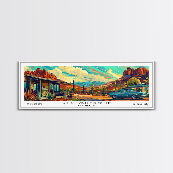 Albuquerque New Mexico Panoramic Painting Framed Canvas Print, Mid Century Modern Art, Pop Art Style, Travel Poster, Wall Art Decor