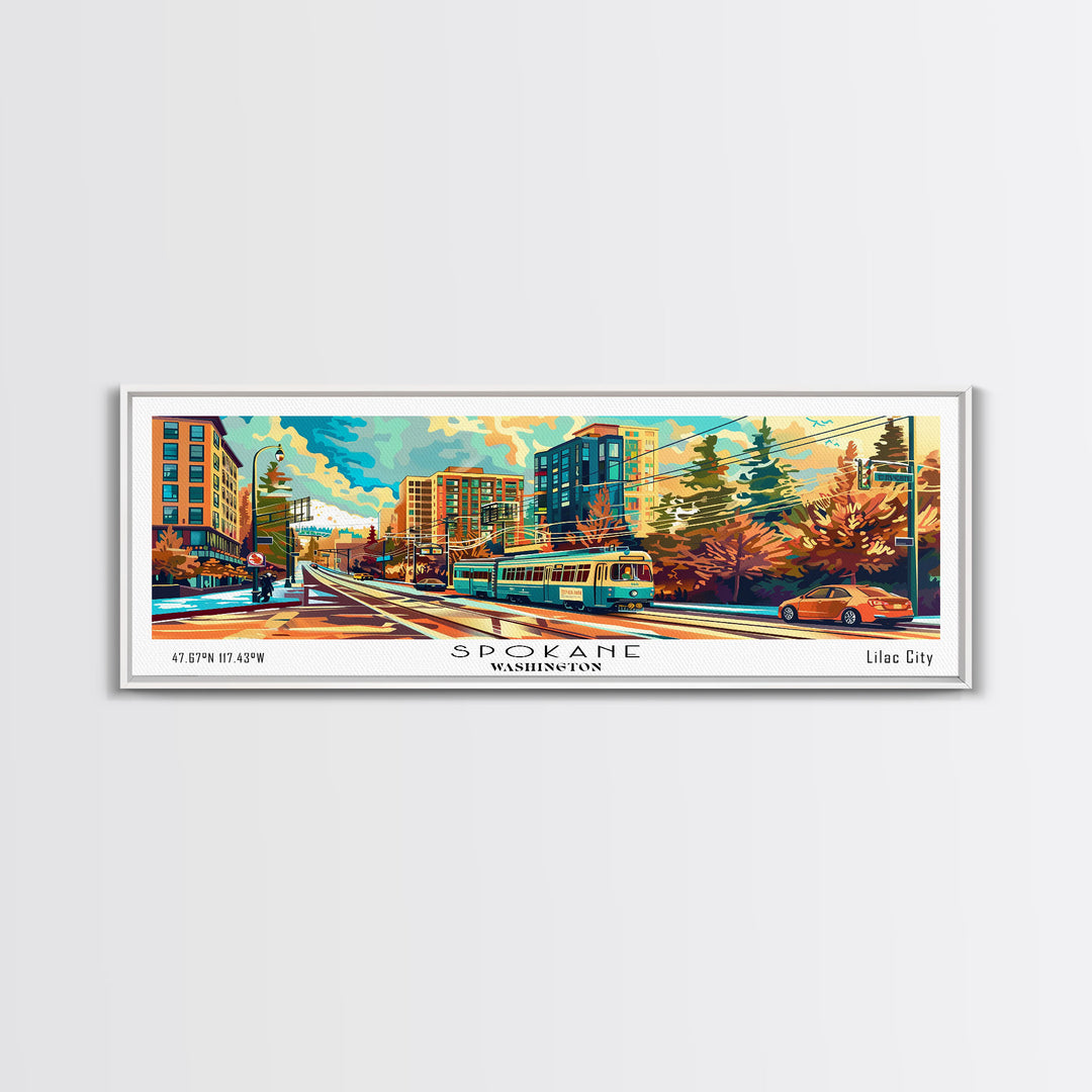 Spokane Washington Panoramic Painting, Mid Century Modern Framed Canvas Print, Retro Pop Art Travel Poster, Wall Decor, Office Art