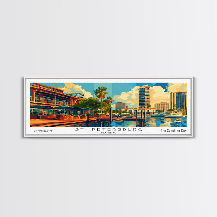 St. Petersburg Florida Panoramic Painting, Mid Century Modern Framed Canvas Print, Retro Pop Art Travel Poster, Wall Art, Home Decor