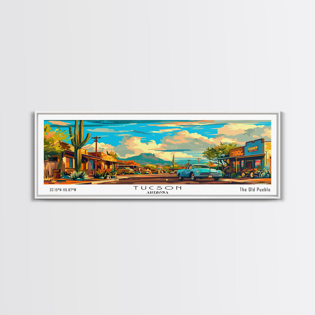 Tucson Arizona Panoramic Wall Art, Mid Century Modern Framed Canvas Print, Retro Pop Art Travel Poster, Office Wall Art, Living Room Decor