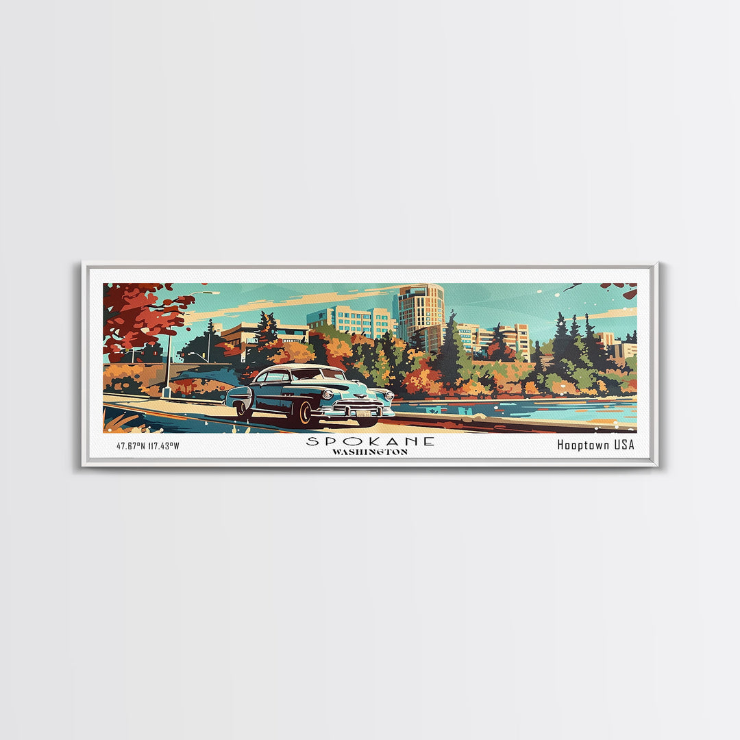 Spokane Washington Panoramic Wall Art, Mid Century Modern Framed Canvas Print, Retro Pop Art Travel Poster, Living Room and Office Decor