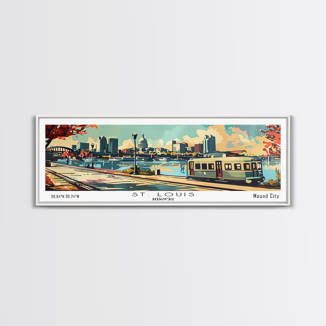 St. Louis Missouri Panoramic Painting, Mid Century Modern Framed Canvas Print, Retro Pop Art Travel Poster, Living Room Wall Art and Office Decor