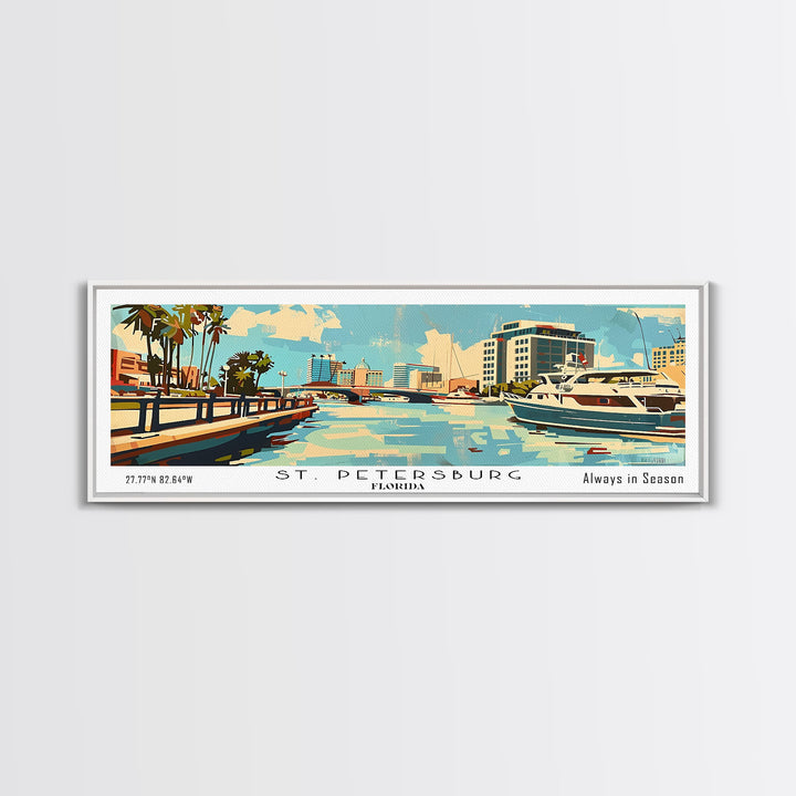 St. Petersburg Florida Panoramic Wall Art, Mid Century Modern Framed Canvas Print, Retro Pop Art Travel Poster, Living Room and Office Wall Art