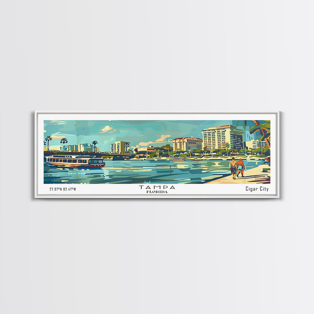 Tampa Florida Panoramic Painting, Mid Century Modern Framed Canvas Print, Retro Pop Art Travel Poster, Living Room and Office Decor